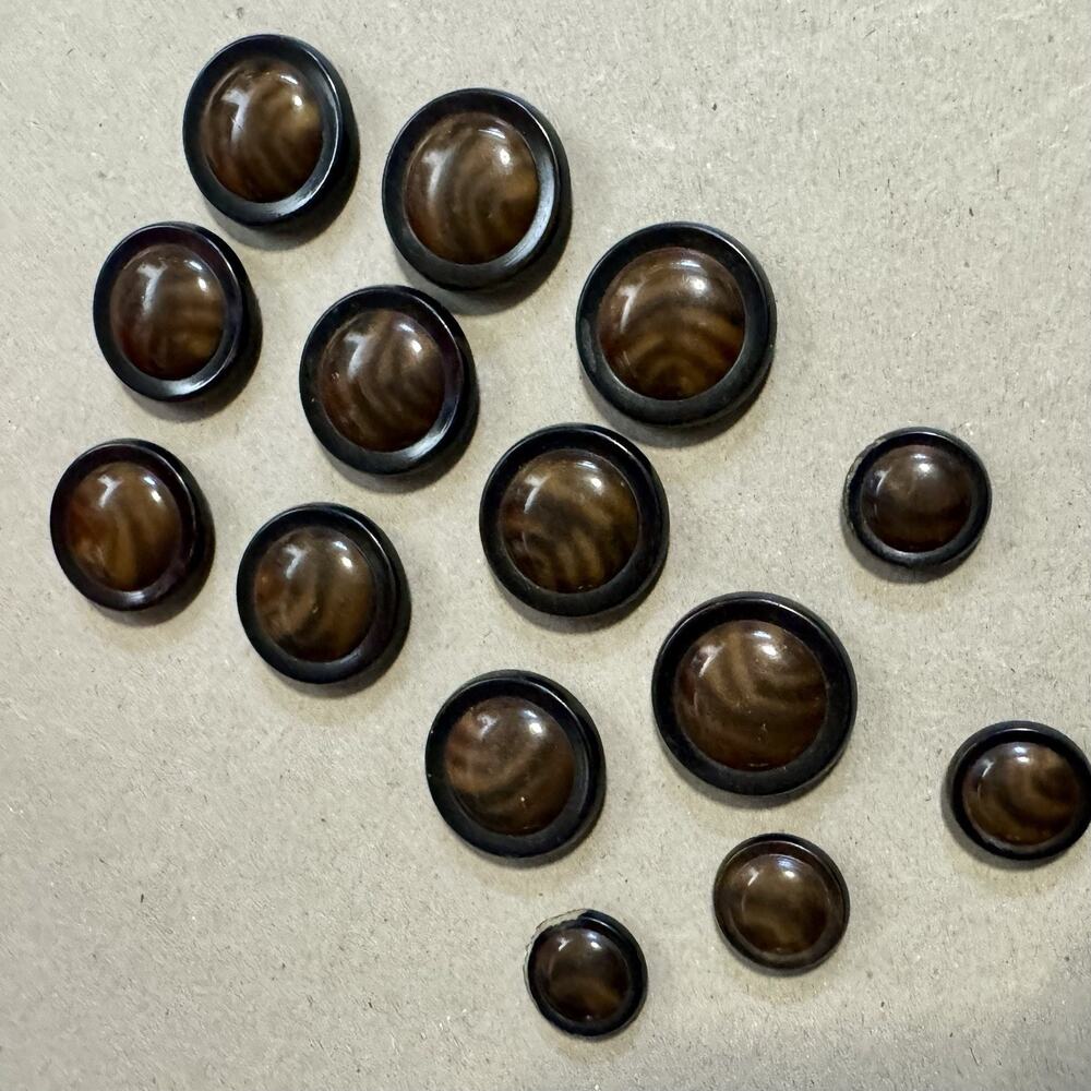 Vintage Bakelite Buttons Lot Of 14 Brown Swirl Black Rim Domed Shank Mixed Sizes